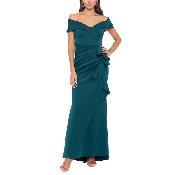 Xscape Scuba Off-The-Shoulder Gown Dress Hunter Green Size 8 NWT Elegant Sheath - Picture 1 of 16